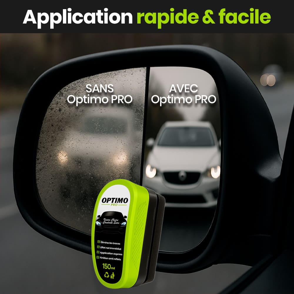 Comparatif sur rétroviseur voiture : à gauche sans Optimo PRO (flou et traces), à droite avec Optimo PRO (vision nette et sans buée). Application rapide.