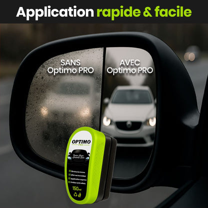 Comparatif sur rétroviseur voiture : à gauche sans Optimo PRO (flou et traces), à droite avec Optimo PRO (vision nette et sans buée). Application rapide.