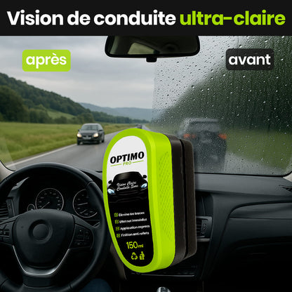 Comparatif avant/après du traitement déperlant Optimo™ PRO sur pare-brise de voiture – vision floue avec la pluie à gauche, visibilité claire et nette à droite grâce à l’effet hydrophobe.