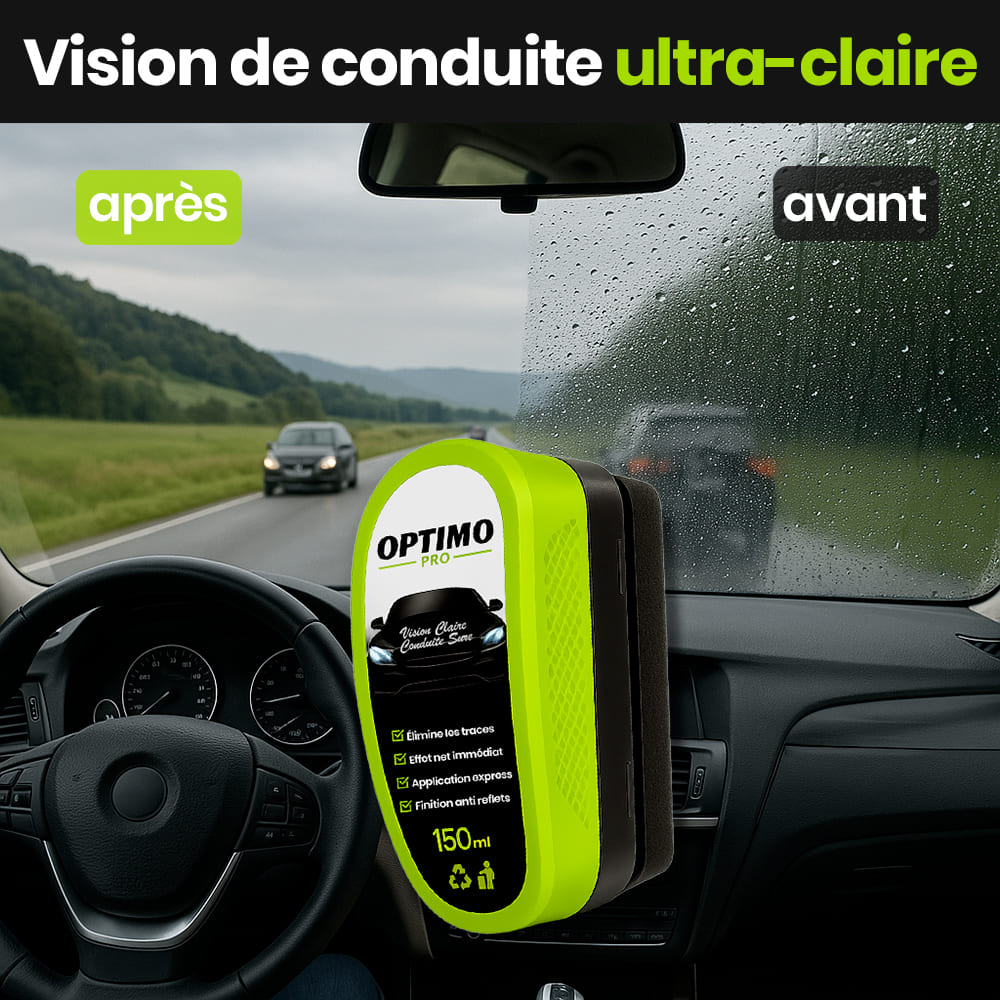 Comparatif avant/après du traitement déperlant Optimo™ PRO sur pare-brise de voiture – vision floue avec la pluie à gauche, visibilité claire et nette à droite grâce à l’effet hydrophobe.