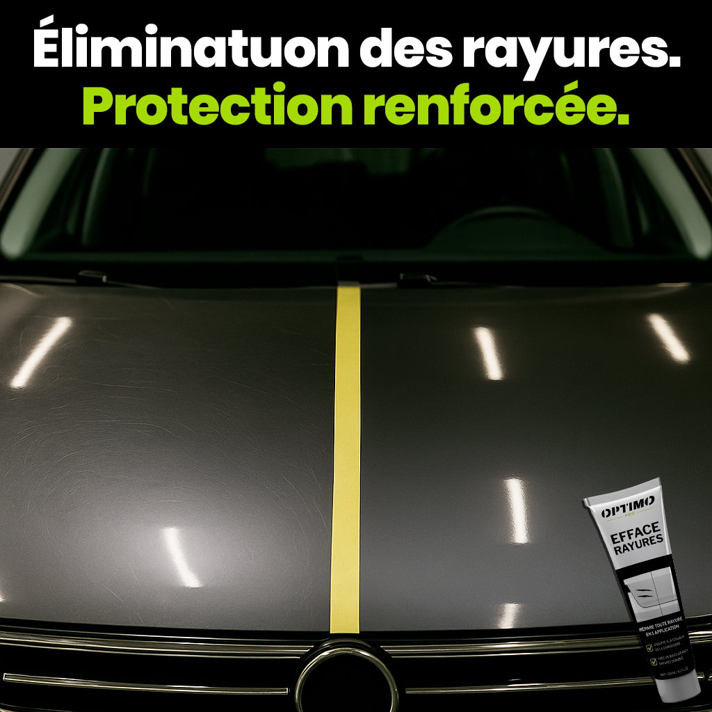 Comparatif avant/après de l’Efface Rayures Optimo™ PRO sur capot de voiture – suppression visible des micro-rayures et brillance restaurée, avec protection renforcée du vernis.