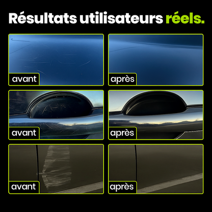 Résultats réels de l’Efface Rayures Optimo™ PRO sur carrosseries de voiture – comparatifs avant/après montrant la disparition des rayures et la brillance restaurée sur peinture et poignées.