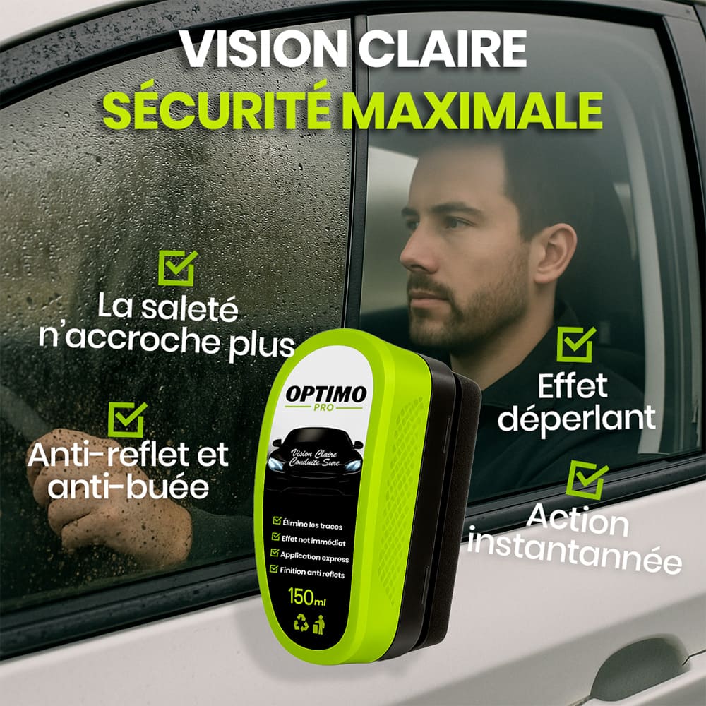 Éponge Hydrophobe Optimo™ PRO appliquée sur vitre latérale de voiture – effet déperlant, anti-buée et anti-reflet pour une vision claire et une sécurité maximale sous la pluie.