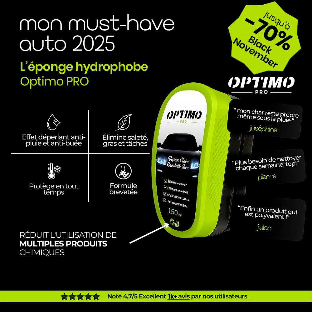 Éponge Hydrophobe Optimo™ PRO – nettoyant tout-en-un pour pare-brise et vitres, effet anti-pluie et anti-buée instantané. Offre Black November jusqu’à -70 %.