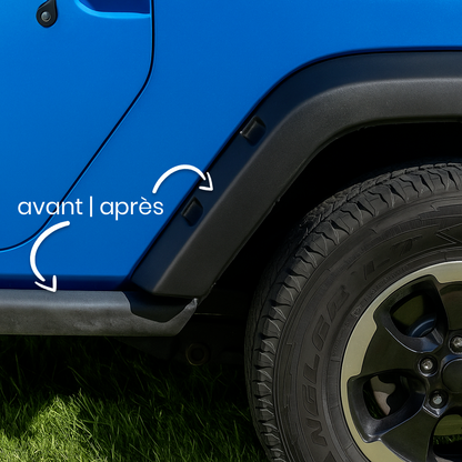 Comparatif avant après de l’application du Restaure Plastique Optimo™ PRO sur les plastiques extérieurs d’un véhicule. La partie gauche est terne et grise, la partie droite retrouve un noir profond et uniforme. Rénovateur longue durée pour pare-chocs et contours d’ailes de voiture.