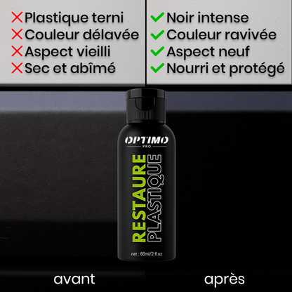 Comparatif avant et après application du Restaure Plastique Optimo™ PRO – à gauche plastique terne, délavé et vieilli ; à droite surface noire, brillante et ravivée, nourrie et protégée durablement contre l’usure et les UV.