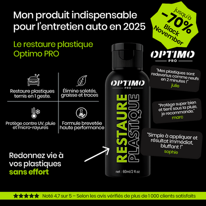Restaure Plastique Optimo™ PRO – ravive la couleur et protège les plastiques intérieurs et extérieurs de votre voiture. Offre Black November jusqu’à -70 %.