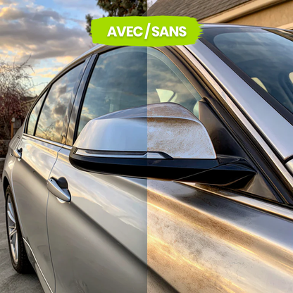 Comparatif avec et sans Spray Céramique Optimo™ PRO sur carrosserie – à gauche surface brillante et protégée, à droite peinture terne et encrassée. Effet miroir et protection hydrophobe visibles immédiatement.