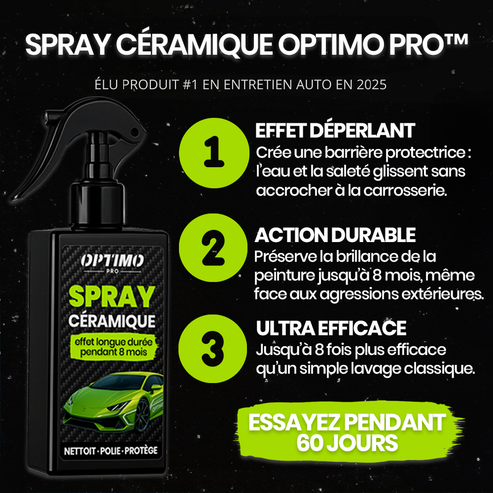 Spray Céramique Optimo™ PRO – protection automobile à effet déperlant, action durable jusqu’à 8 mois et brillance intense. Produit élu #1 en entretien auto 2025.
